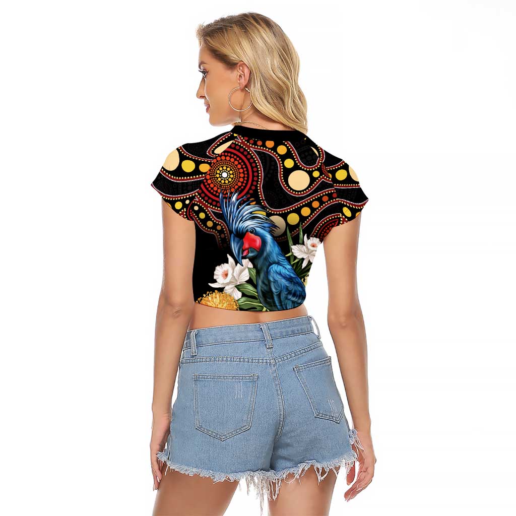 Australia Palm Cockatoo Raglan Cropped T Shirt Aussie Banksia - Aboriginal Pattern