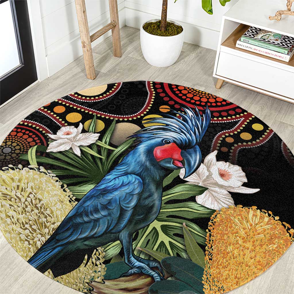 Australia Palm Cockatoo Round Carpet Aussie Banksia - Aboriginal Pattern