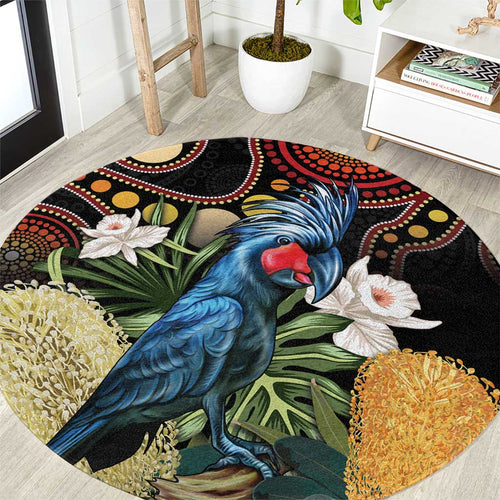 Australia Palm Cockatoo Round Carpet Aussie Banksia - Aboriginal Pattern