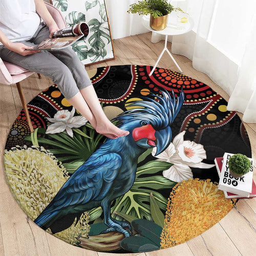 Australia Palm Cockatoo Round Carpet Aussie Banksia - Aboriginal Pattern