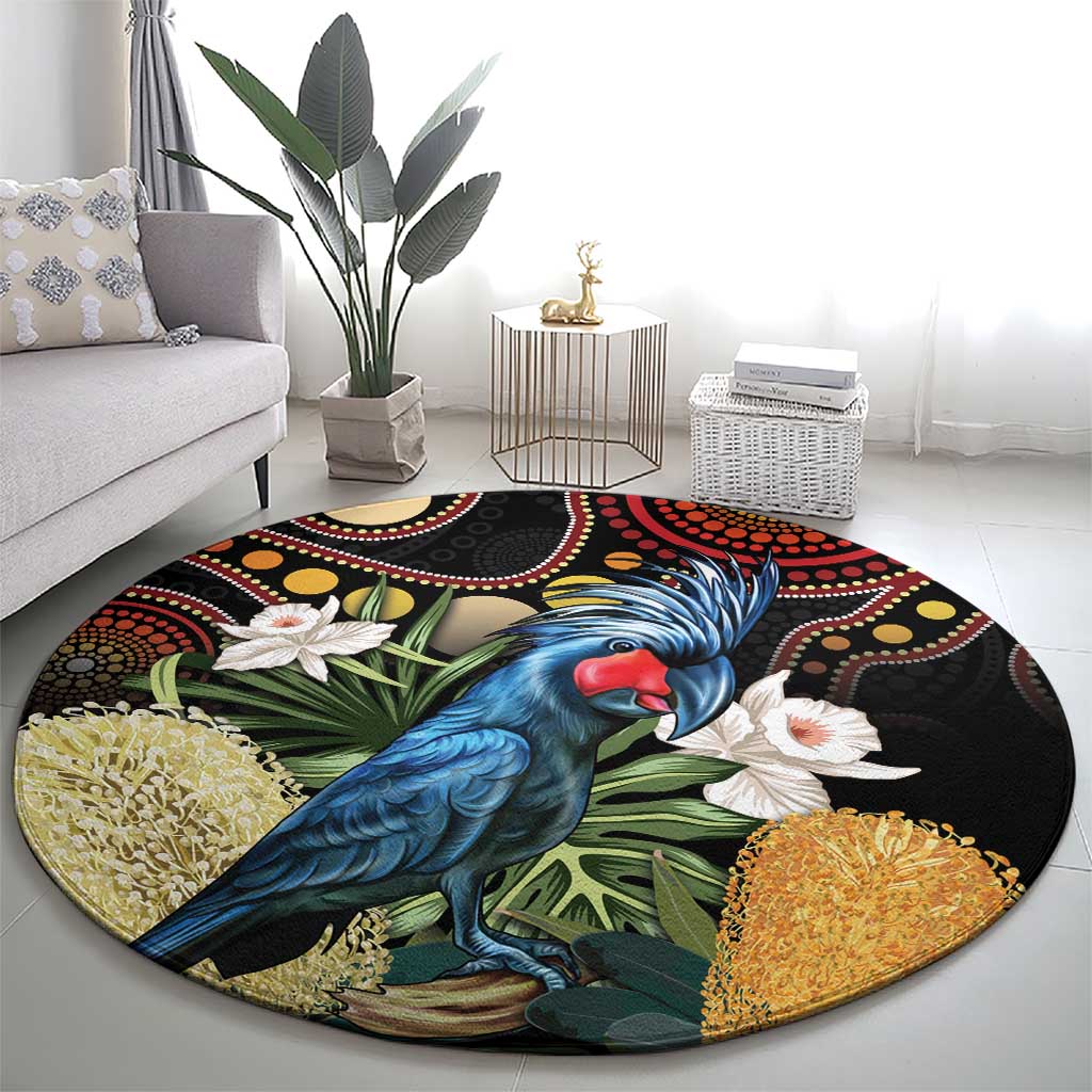 Australia Palm Cockatoo Round Carpet Aussie Banksia - Aboriginal Pattern