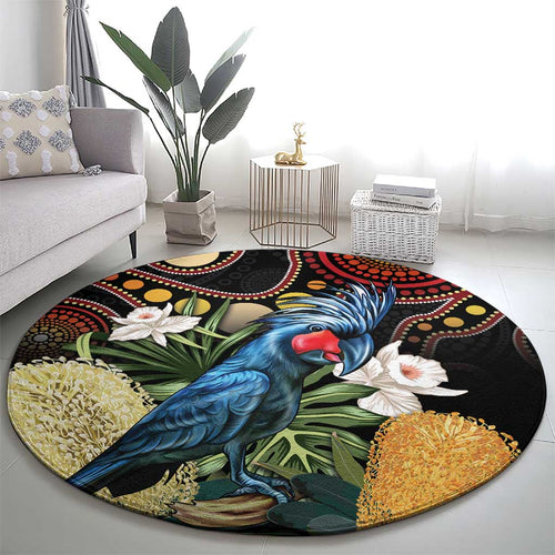 Australia Palm Cockatoo Round Carpet Aussie Banksia - Aboriginal Pattern