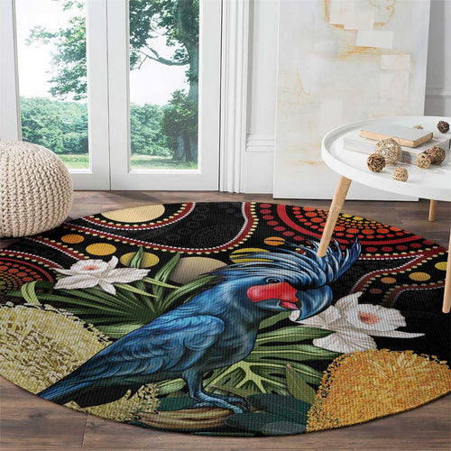 Australia Palm Cockatoo Round Carpet Aussie Banksia - Aboriginal Pattern