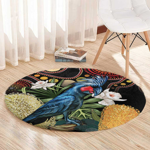 Australia Palm Cockatoo Round Carpet Aussie Banksia - Aboriginal Pattern