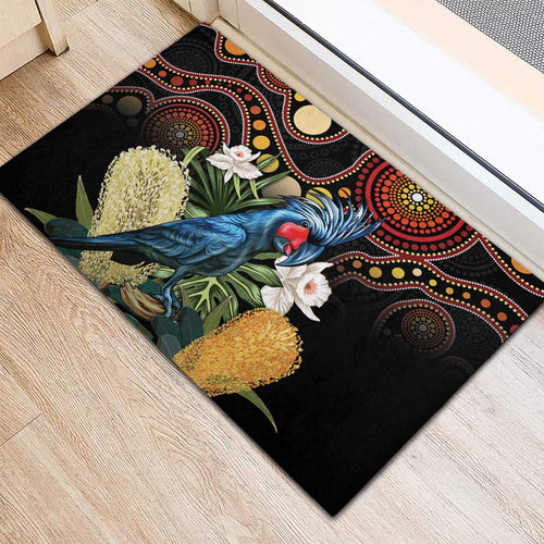 Australia Palm Cockatoo Rubber Doormat Aussie Banksia - Aboriginal Pattern