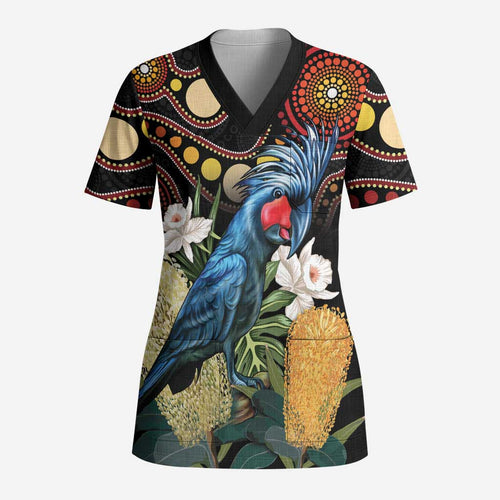 Australia Palm Cockatoo Scrub Top Aussie Banksia - Aboriginal Pattern - Aussie Hoodie