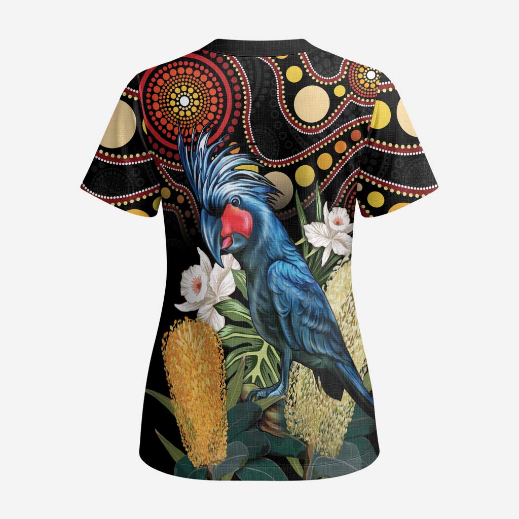 Australia Palm Cockatoo Scrub Top Aussie Banksia - Aboriginal Pattern - Aussie Hoodie