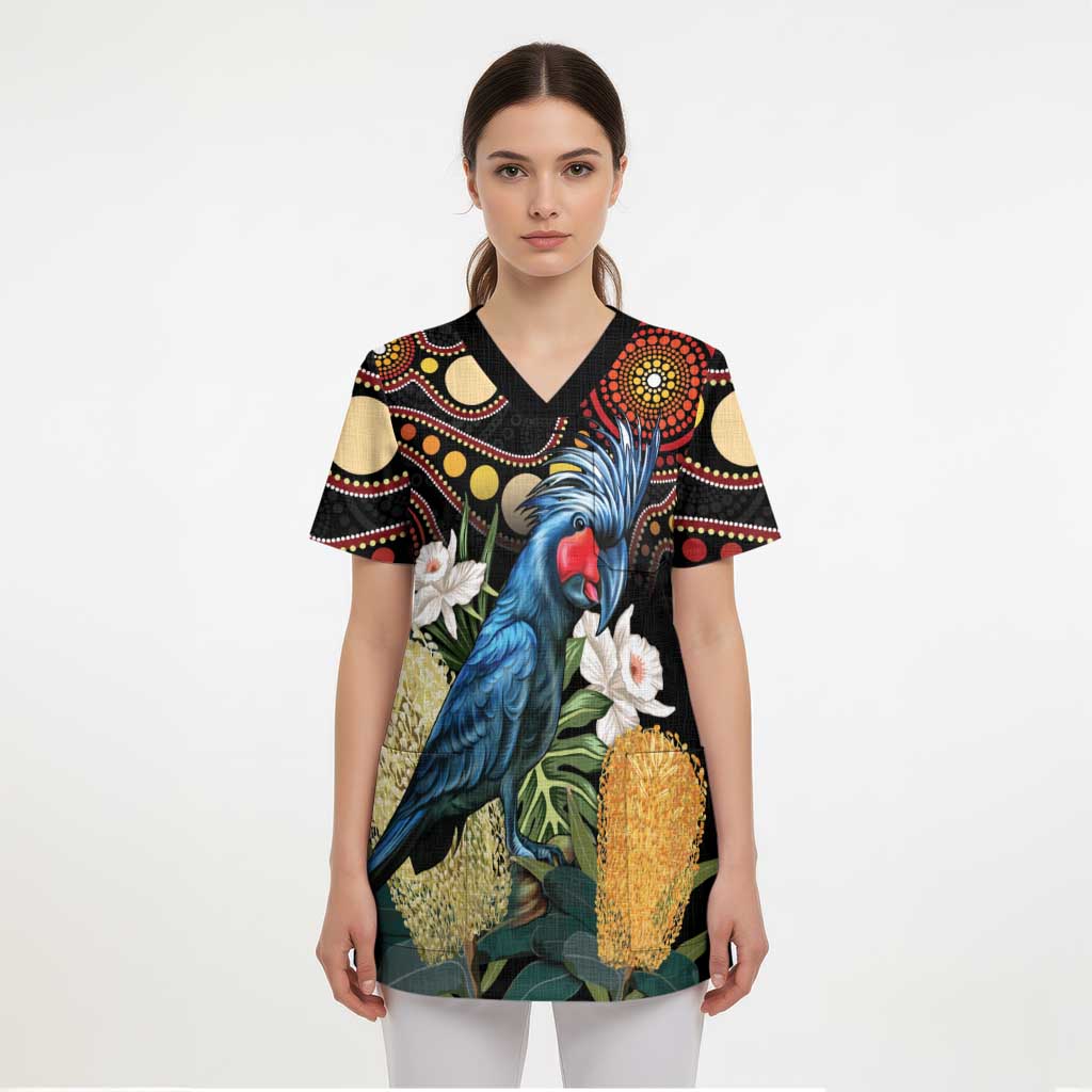 Australia Palm Cockatoo Scrub Top Aussie Banksia - Aboriginal Pattern - Aussie Hoodie