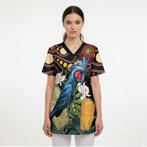 Australia Palm Cockatoo Scrub Top Aussie Banksia - Aboriginal Pattern - Aussie Hoodie