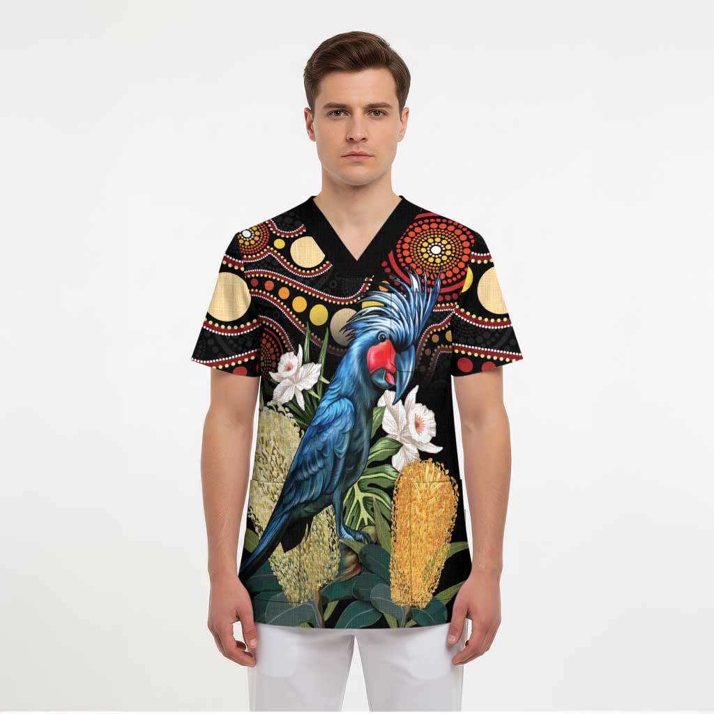Australia Palm Cockatoo Scrub Top Aussie Banksia - Aboriginal Pattern - Aussie Hoodie