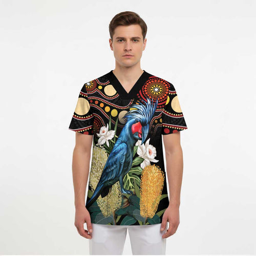 Australia Palm Cockatoo Scrub Top Aussie Banksia - Aboriginal Pattern - Aussie Hoodie