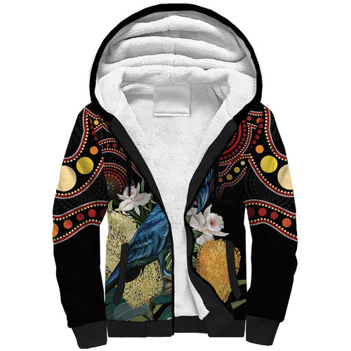 Australia Palm Cockatoo Sherpa Hoodie Aussie Banksia - Aboriginal Pattern