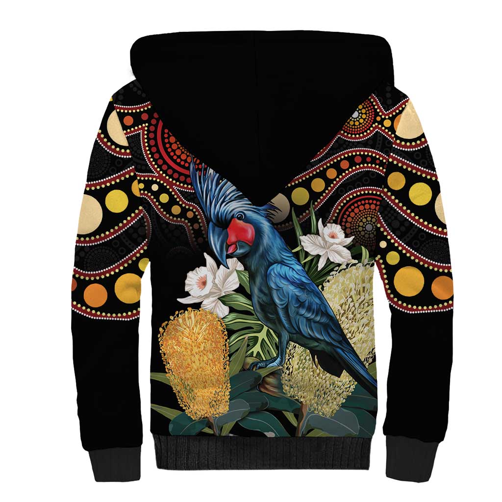 Australia Palm Cockatoo Sherpa Hoodie Aussie Banksia - Aboriginal Pattern