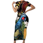 Australia Palm Cockatoo Short Sleeve Bodycon Dress Aussie Banksia - Aboriginal Pattern