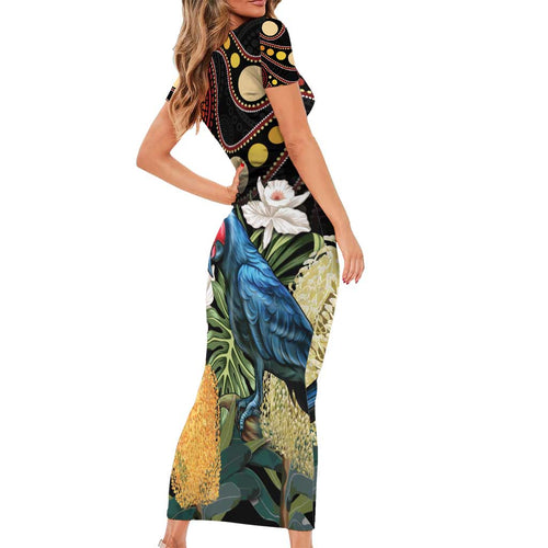 Australia Palm Cockatoo Short Sleeve Bodycon Dress Aussie Banksia - Aboriginal Pattern