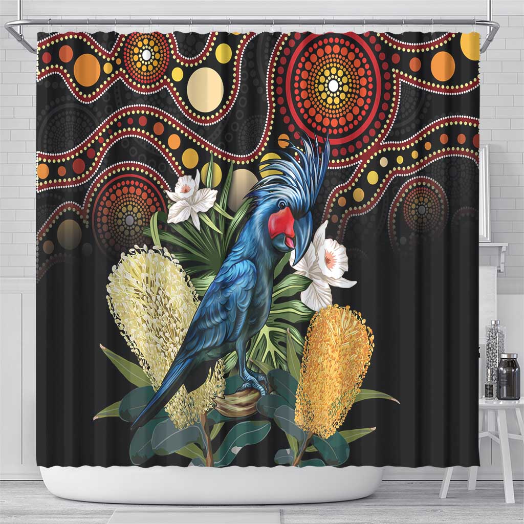 Australia Palm Cockatoo Shower Curtain Aussie Banksia - Aboriginal Pattern