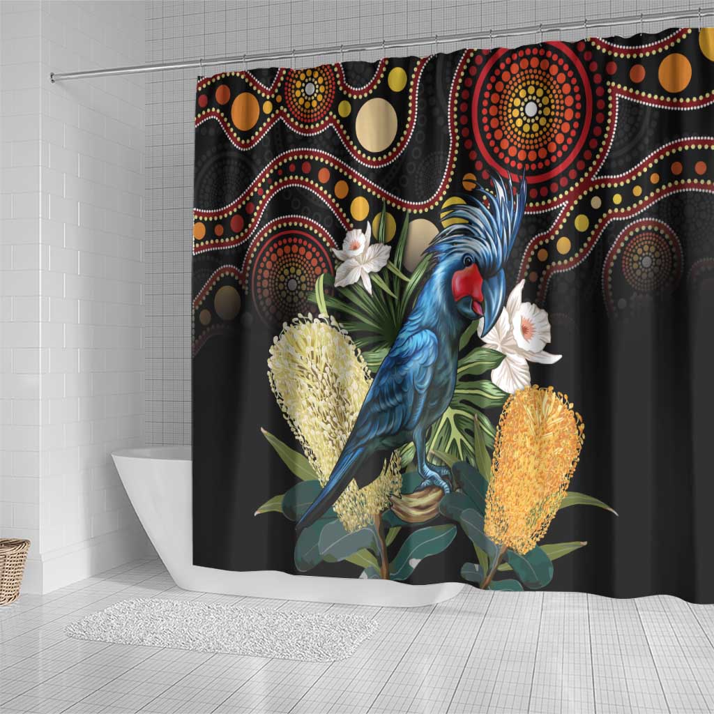 Australia Palm Cockatoo Shower Curtain Aussie Banksia - Aboriginal Pattern