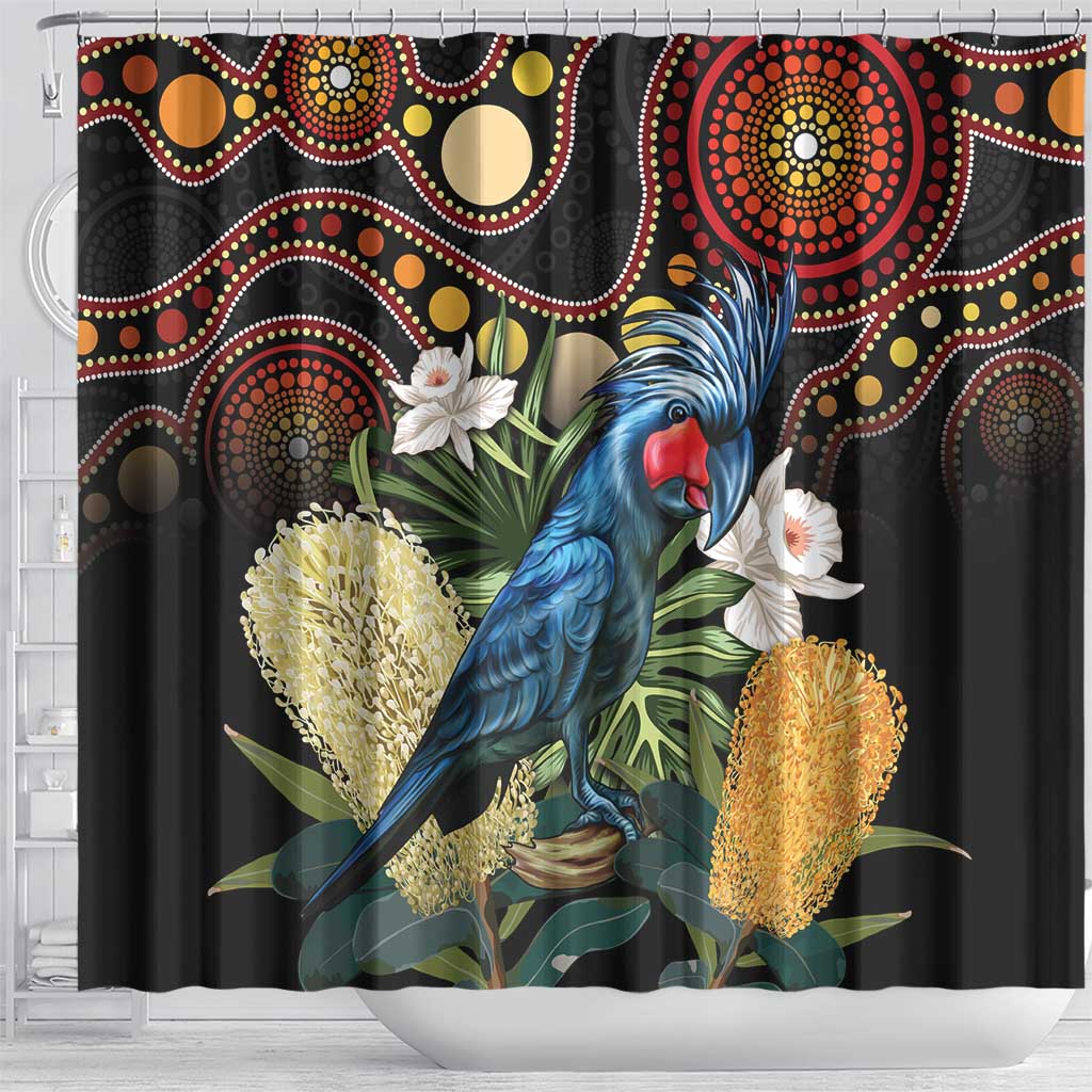 Australia Palm Cockatoo Shower Curtain Aussie Banksia - Aboriginal Pattern