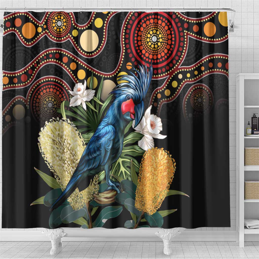 Australia Palm Cockatoo Shower Curtain Aussie Banksia - Aboriginal Pattern