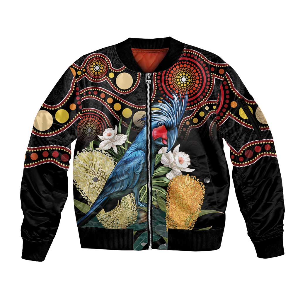 Australia Palm Cockatoo Sleeve Zip Bomber Jacket Aussie Banksia - Aboriginal Pattern