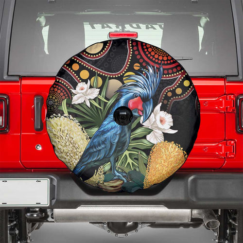 Australia Palm Cockatoo Spare Tire Cover Aussie Banksia - Aboriginal Pattern