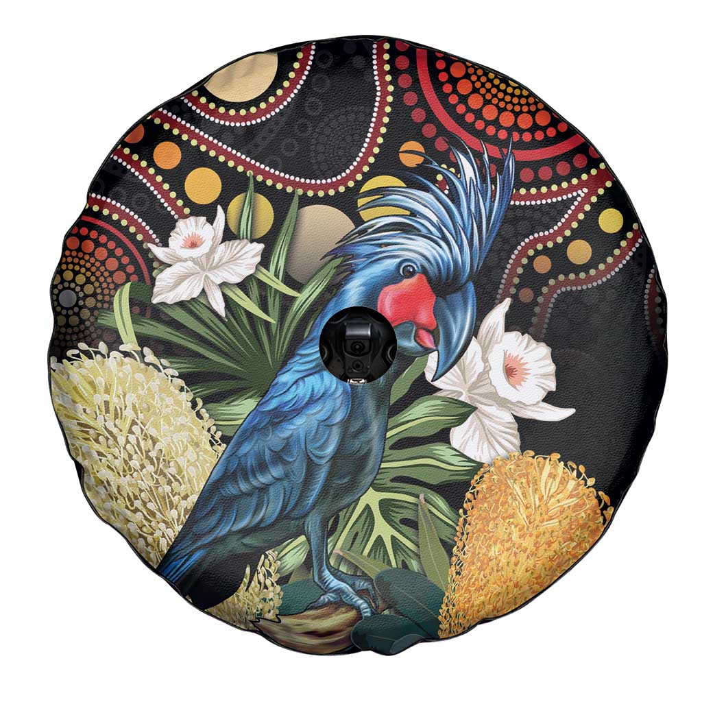 Australia Palm Cockatoo Spare Tire Cover Aussie Banksia - Aboriginal Pattern