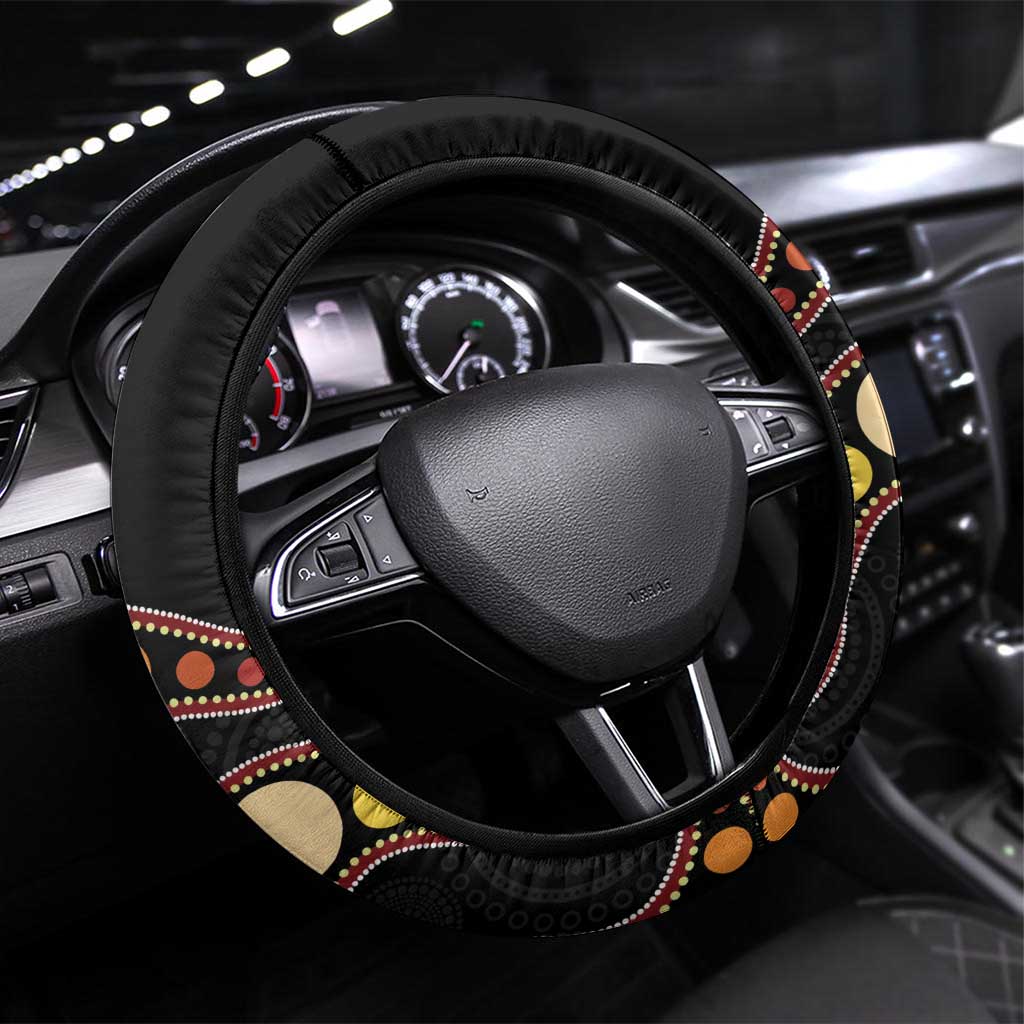 Australia Palm Cockatoo Steering Wheel Cover Aussie Banksia - Aboriginal Pattern
