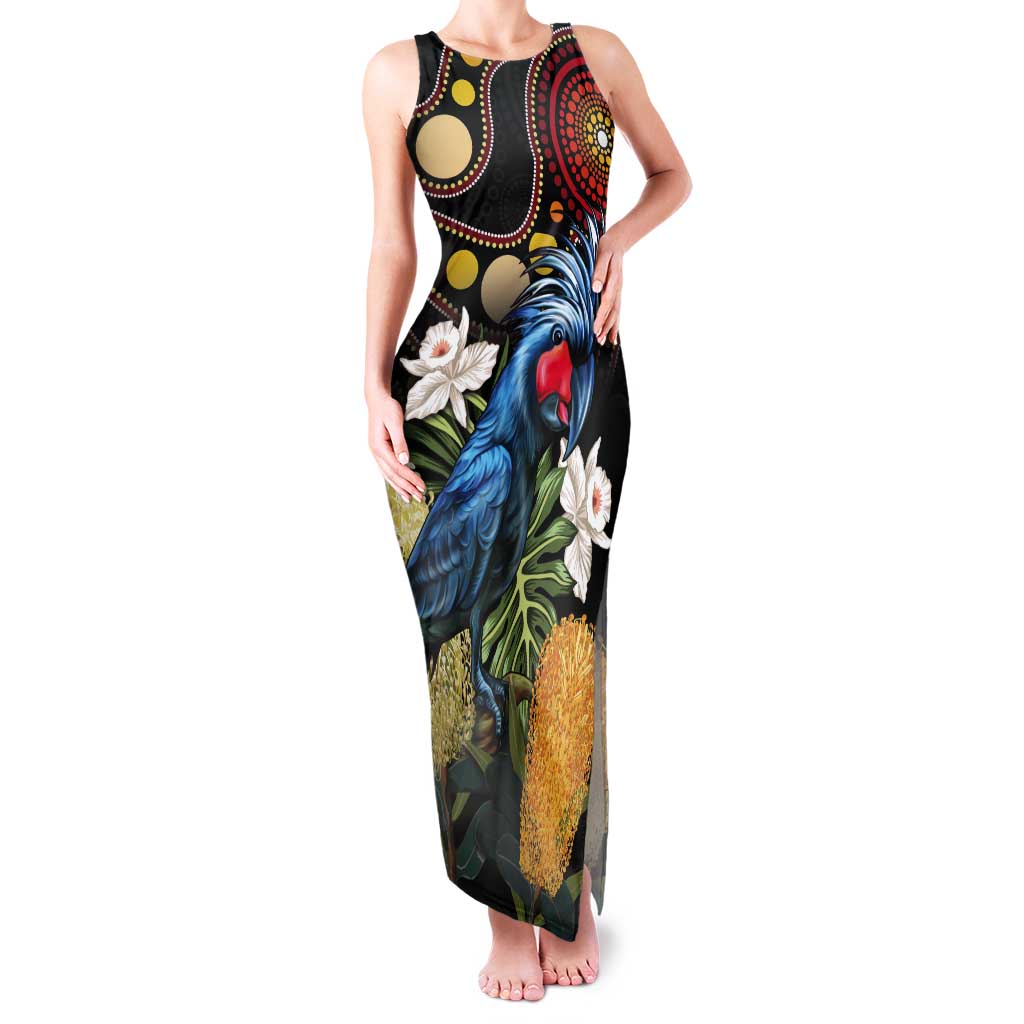 Australia Palm Cockatoo Tank Maxi Dress Aussie Banksia - Aboriginal Pattern