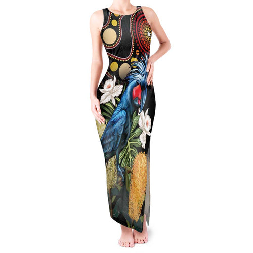 Australia Palm Cockatoo Tank Maxi Dress Aussie Banksia - Aboriginal Pattern