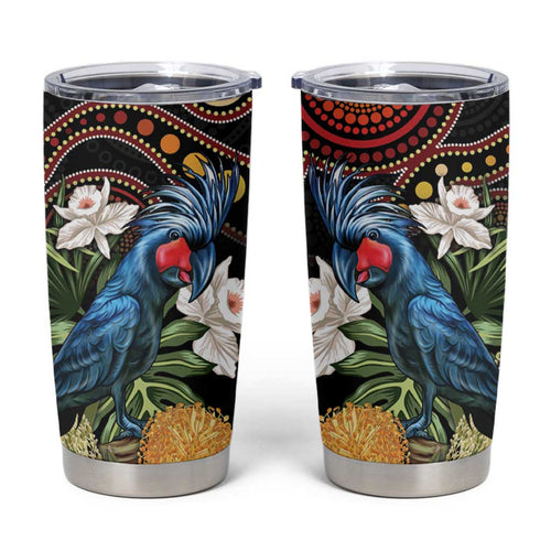 Australia Palm Cockatoo Tumbler Cup Aussie Banksia - Aboriginal Pattern