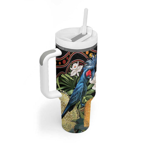 Australia Palm Cockatoo Tumbler With Handle Aussie Banksia - Aboriginal Pattern