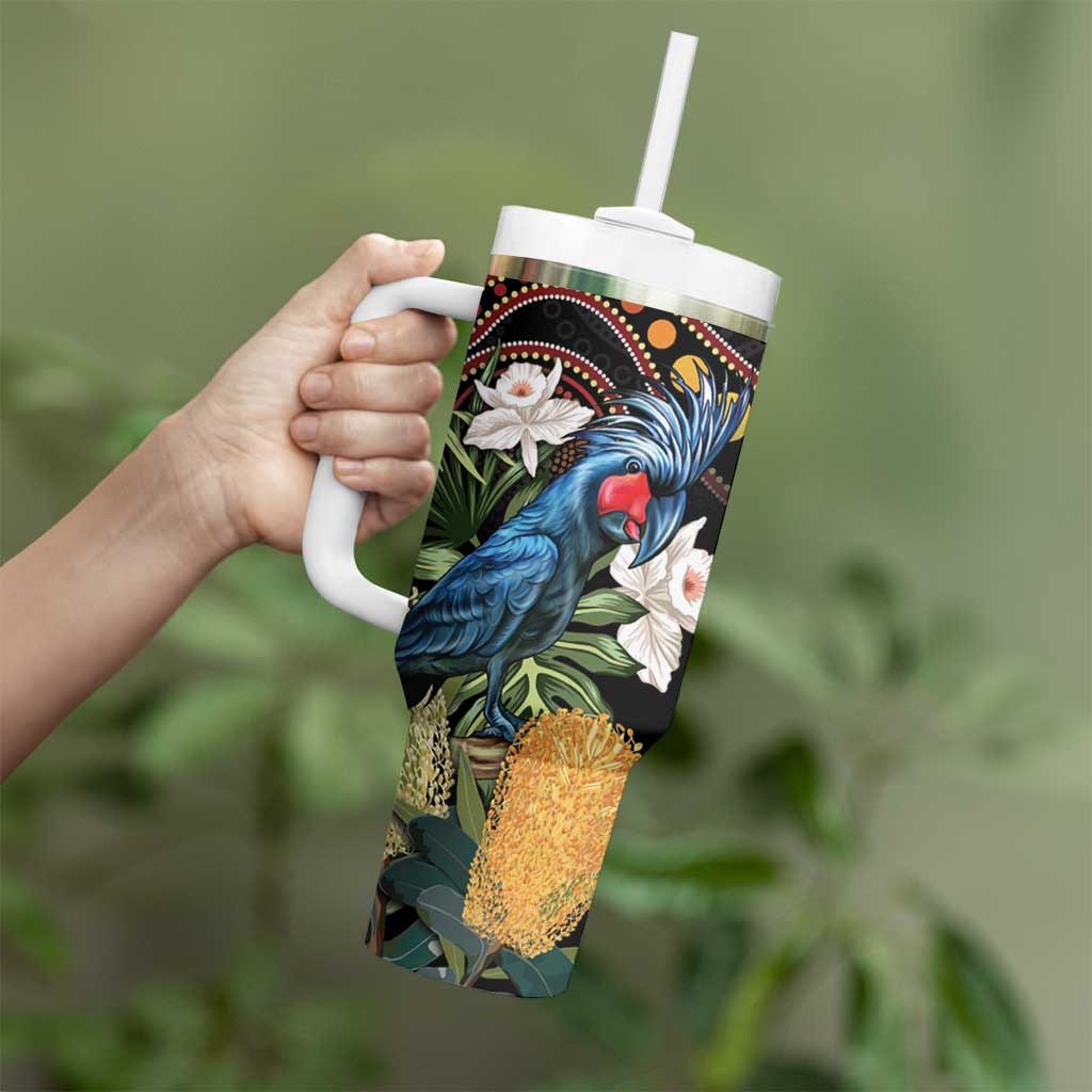 Australia Palm Cockatoo Tumbler With Handle Aussie Banksia - Aboriginal Pattern