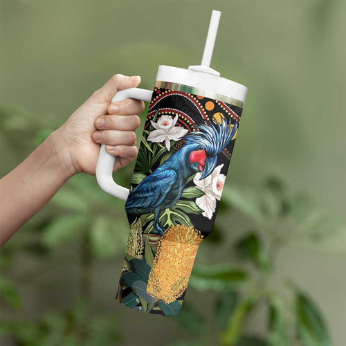 Australia Palm Cockatoo Tumbler With Handle Aussie Banksia - Aboriginal Pattern