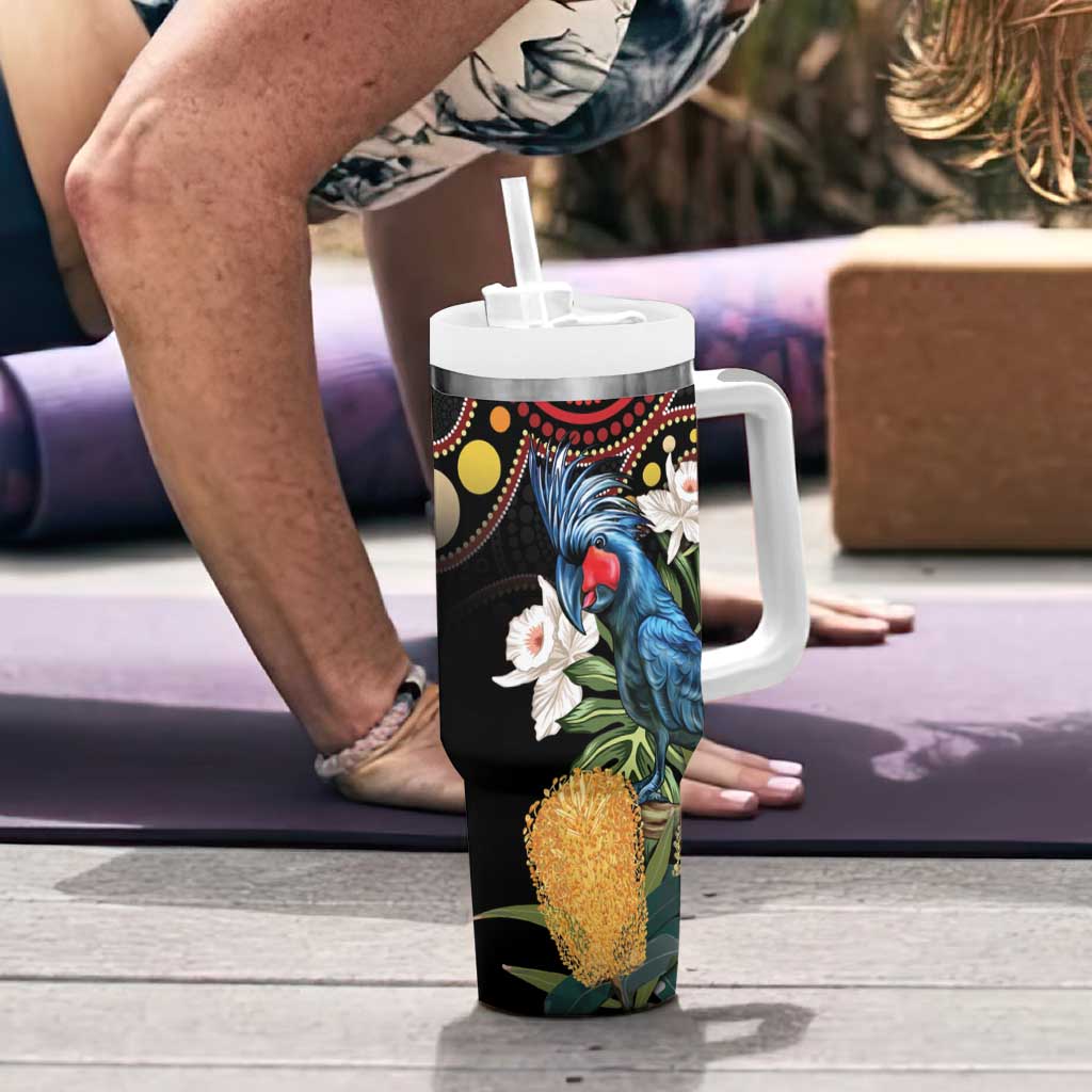 Australia Palm Cockatoo Tumbler With Handle Aussie Banksia - Aboriginal Pattern