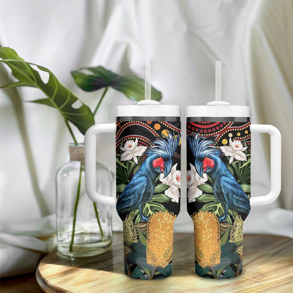 Australia Palm Cockatoo Tumbler With Handle Aussie Banksia - Aboriginal Pattern