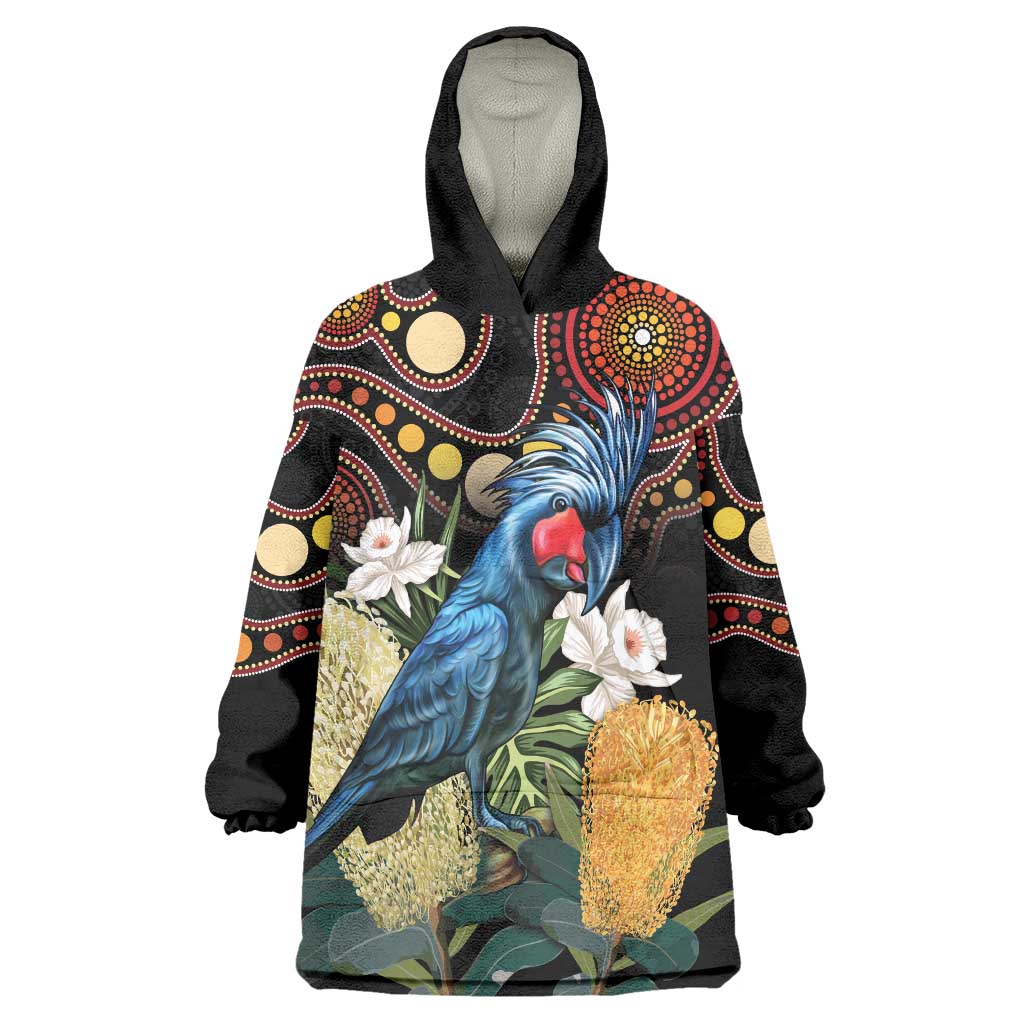 Australia Palm Cockatoo Wearable Blanket Hoodie Aussie Banksia - Aboriginal Pattern