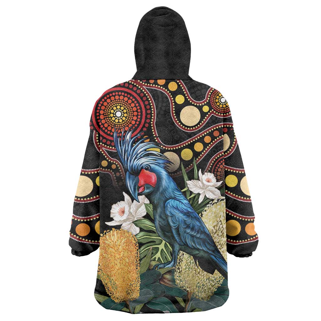 Australia Palm Cockatoo Wearable Blanket Hoodie Aussie Banksia - Aboriginal Pattern