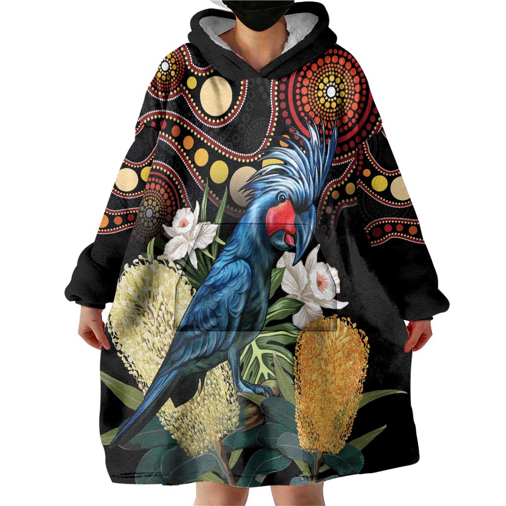 Australia Palm Cockatoo Wearable Blanket Hoodie Aussie Banksia - Aboriginal Pattern