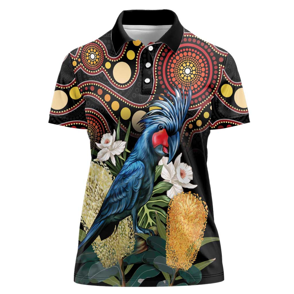Australia Palm Cockatoo Women Polo Shirt Aussie Banksia - Aboriginal Pattern