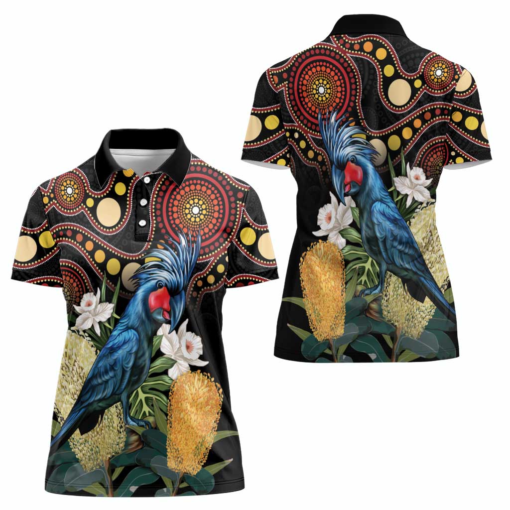 Australia Palm Cockatoo Women Polo Shirt Aussie Banksia - Aboriginal Pattern