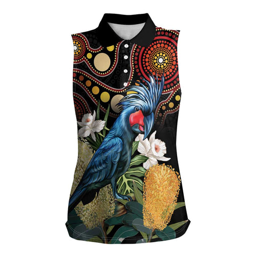 Australia Palm Cockatoo Women Sleeveless Polo Shirt Aussie Banksia - Aboriginal Pattern