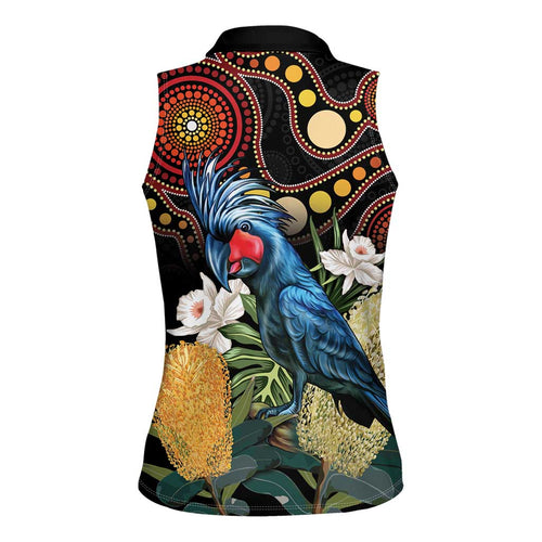 Australia Palm Cockatoo Women Sleeveless Polo Shirt Aussie Banksia - Aboriginal Pattern