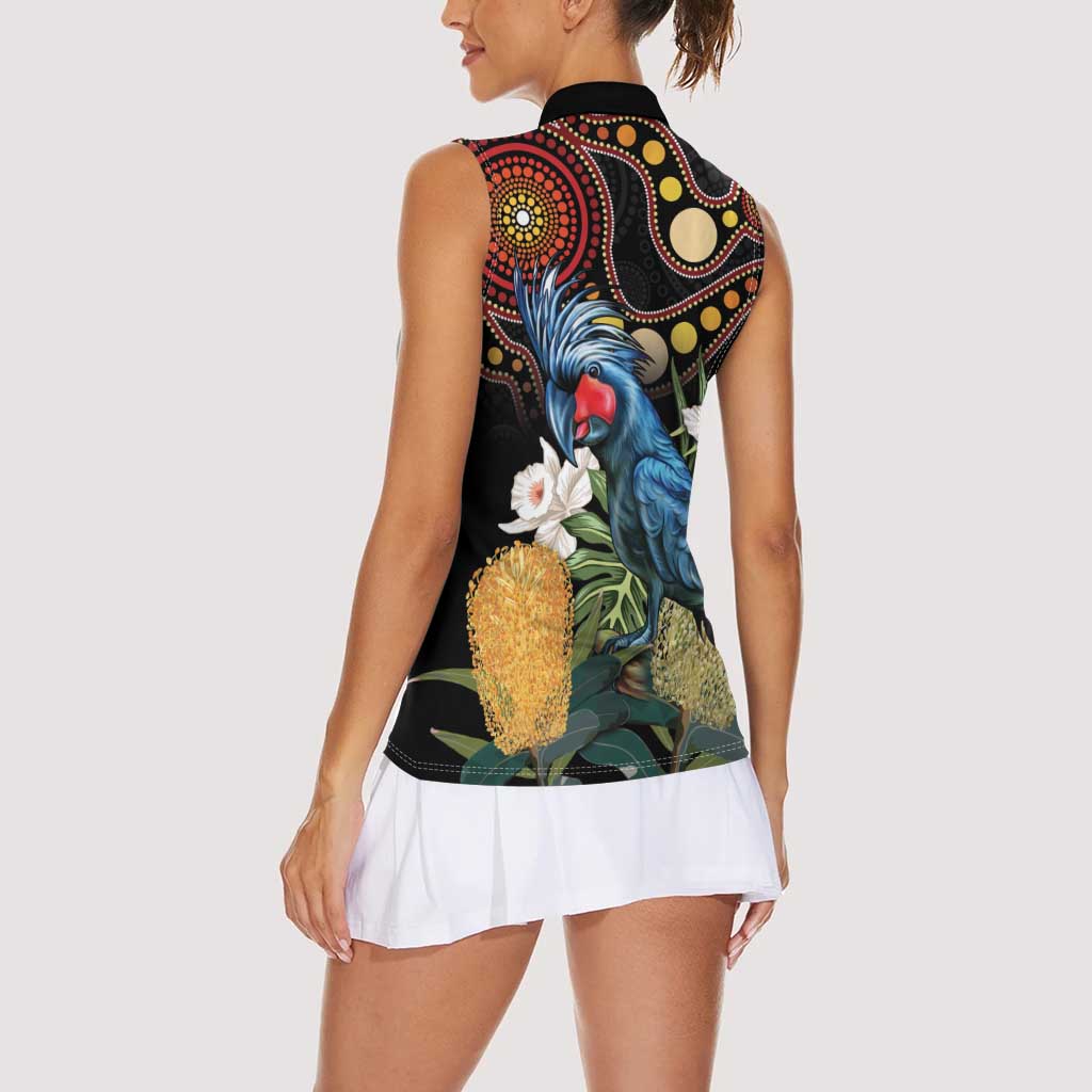 Australia Palm Cockatoo Women Sleeveless Polo Shirt Aussie Banksia - Aboriginal Pattern