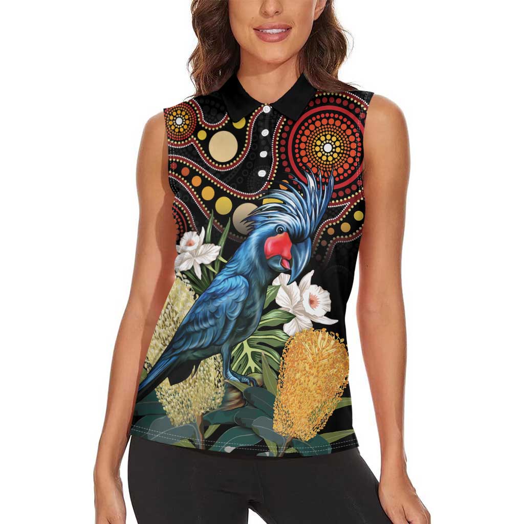 Australia Palm Cockatoo Women Sleeveless Polo Shirt Aussie Banksia - Aboriginal Pattern