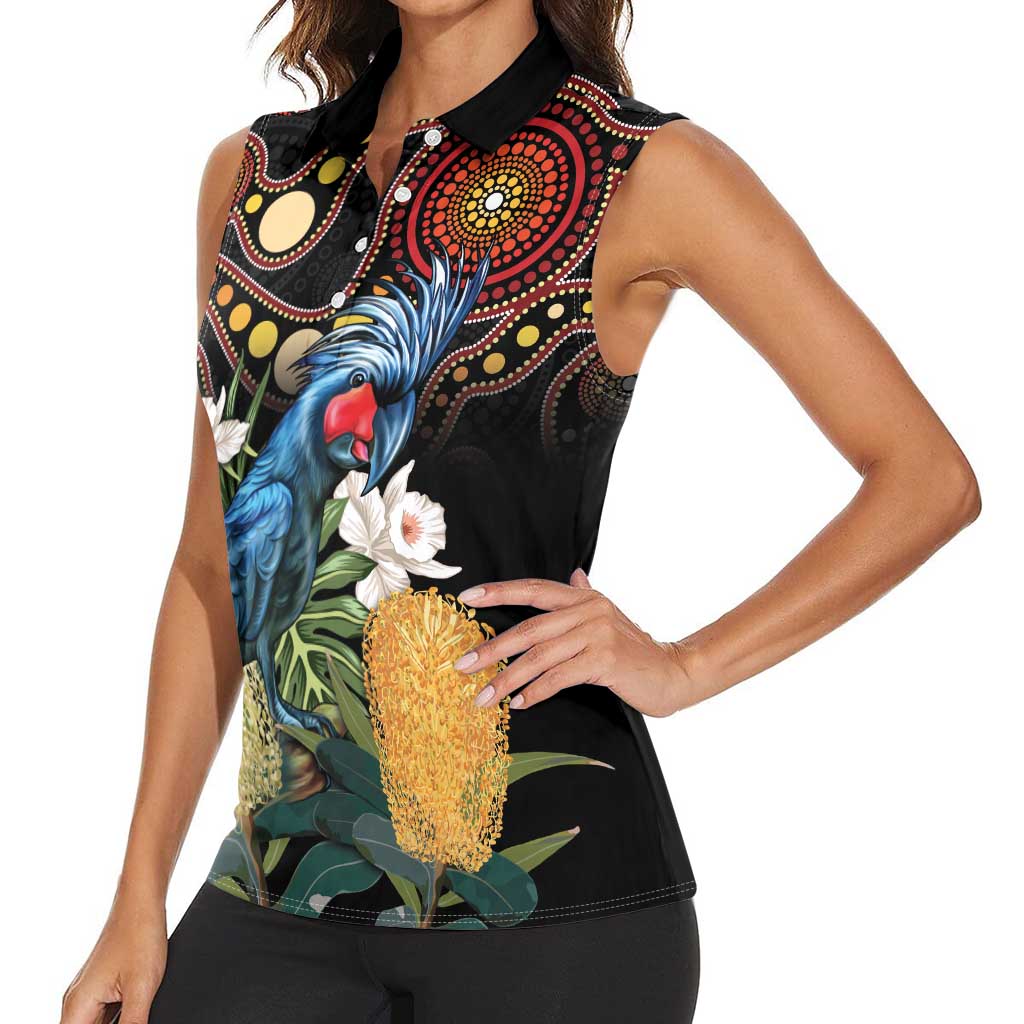 Australia Palm Cockatoo Women Sleeveless Polo Shirt Aussie Banksia - Aboriginal Pattern