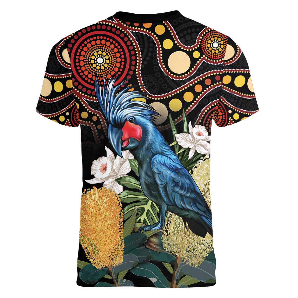Australia Palm Cockatoo Women V-Neck T-Shirt Aussie Banksia - Aboriginal Pattern