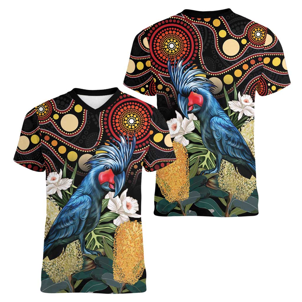Australia Palm Cockatoo Women V-Neck T-Shirt Aussie Banksia - Aboriginal Pattern