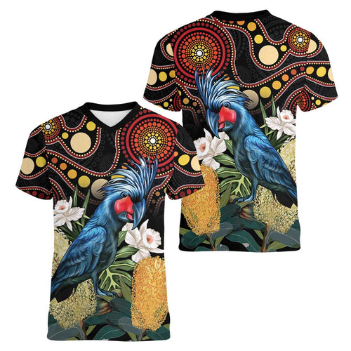 Australia Palm Cockatoo Women V-Neck T-Shirt Aussie Banksia - Aboriginal Pattern