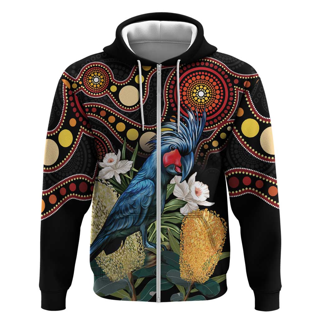 Australia Palm Cockatoo Zip Hoodie Aussie Banksia - Aboriginal Pattern