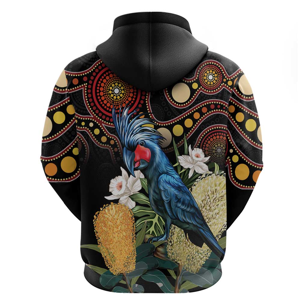 Australia Palm Cockatoo Zip Hoodie Aussie Banksia - Aboriginal Pattern
